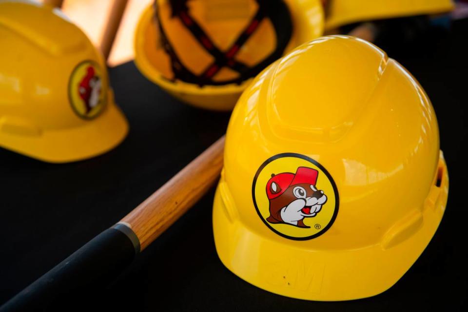 Hard hats with the Buc-ee’s logo at the site of the future Harrison County Buc-ees after a ground breaking for the travel station on Tuesday, Sept. 12, 2023.