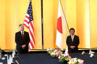 U.S. Deputy Secretary of State Stephen Biegun, left, and Japan's Foreign Minister Toshimitsu Motegi attend their bilateral meeting in Tokyo Friday, July 10, 2020. (Behrouz Mehri/Pool Photo via AP)