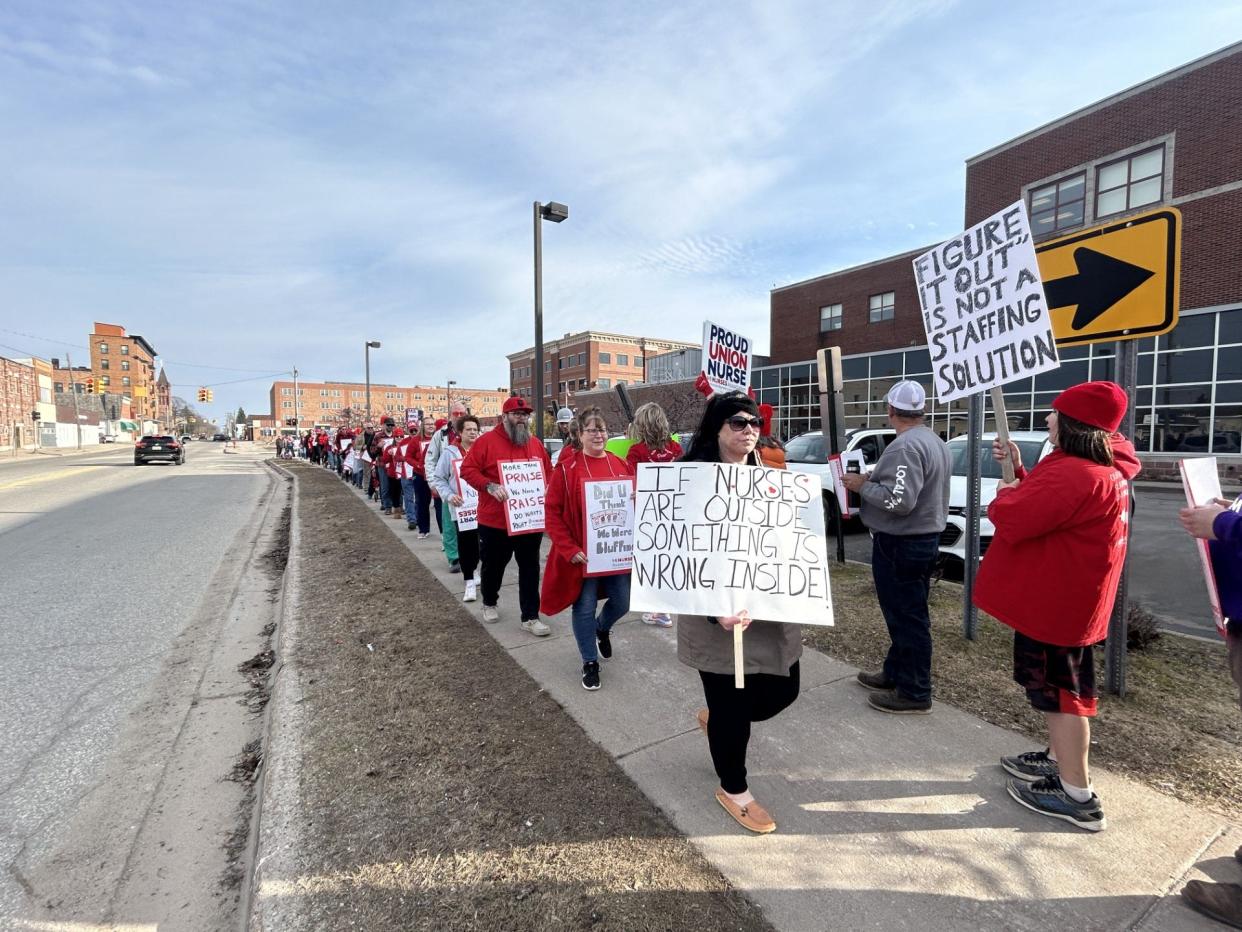 Hundreds of nurses and other community members took part in a picket line in front of MyMichigan Medical Center Sault on Tuesday, March 12, 2024.