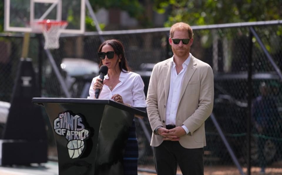 Meghan Markle and Prince Harry speaking at the Giant of Africa Foundation on May 12, 2024. AP