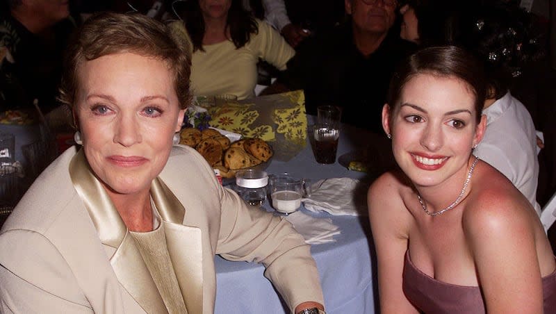 Actors Julie Andrews, left, and Anne Hathaway attend an after-party at the premiere of the film "The Princess Diaries," July 29, 2001, in the Hollywood section of Los Angeles.
