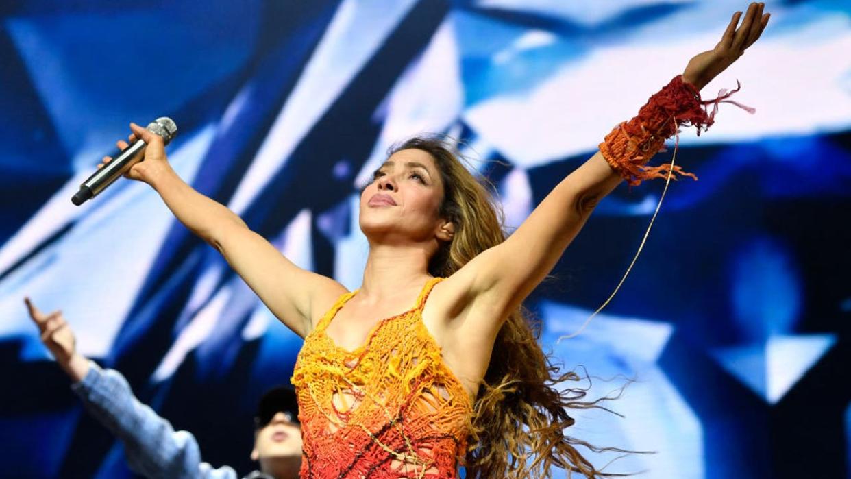 <div>Colombian singer Shakira performs with Argentine record producer and songwriter Bizarrap on the Sahara Stage during the Coachella Valley Music and Arts Festival in Indio, California, on April 12, 2024. (Photo by VALERIE MACON / AFP) (Photo by VALERIE MACON/AFP via Getty Images)</div>