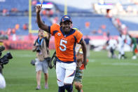 Denver Broncos quarterback Teddy Bridgewater (5) leaves the field after an NFL football game against the New York Jets, Sunday, Sept. 26, 2021, in Denver. (AP Photo/Jack Dempsey)