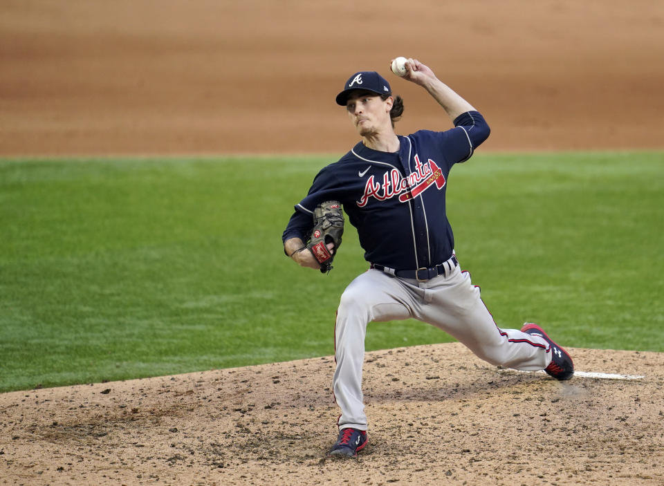 ARLINGTON, TX - OCTOBER 17:  Max Fried #54 of the Atlanta Braves pitches during Game 6 of the NLCS between the Atlanta Braves and the Los Angeles Dodgers at Globe Life Field on Saturday, October 17, 2020 in Arlington, Texas. (Photo by Cooper Neill/MLB Photos via Getty Images)