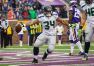 FILE PHOTO: Dec 6, 2015; Minneapolis, MN, USA; Seattle Seahawks running back Thomas Rawls (34) celebrates his touchdown during the first quarter against the Seattle Seahawks at TCF Bank Stadium. Mandatory Credit: Brace Hemmelgarn-USA TODAY Sports / Reuters Picture Supplied by Action Images/File Photo