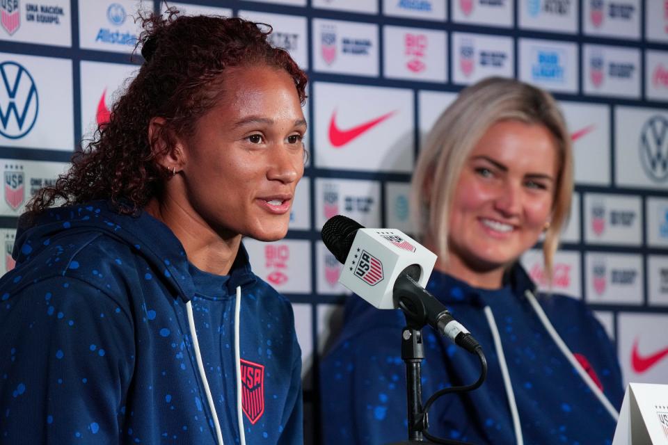 From left, United States players Lynn Williams and Lindsey Horan take questions from the media prior to their game against Sweden.