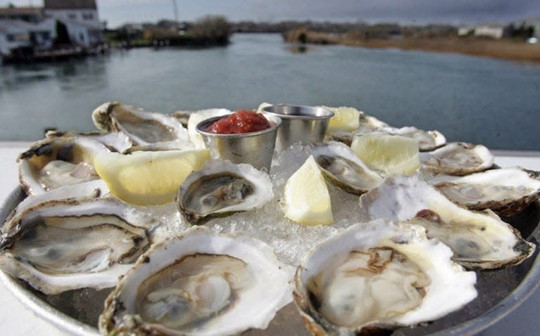 A plate of oysters at Matunuck Oyster Bar. The entrance to Potter Pond is in the background.