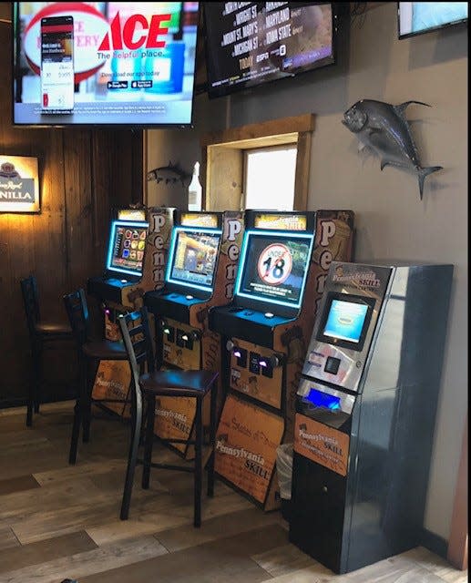 Four Pennsylvania Skill gaming machines line a wall at The Wharf in Harrisburg.