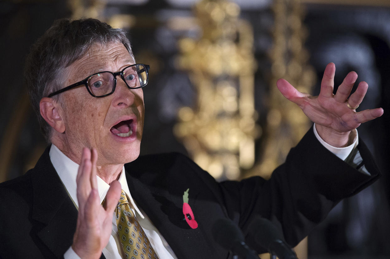 Bill Gates answers questions after giving a lecture on international aid to parliamentarians and guests in the Robing Room of the House of Lords in the Palace of Westminster, London November 10, 2014. The lecture, called ?The Case for Aid: A Conversation with Bill Gates? was given on behalf of the Bill & Melinda Gates Foundation and in association with "Malaria No More UK", and spoke of the importance of aid in the fight against diseases including malaria and Ebola. REUTERS/Tim Ireland/Pool (BRITAIN - Tags: BUSINESS HEALTH SOCIETY)