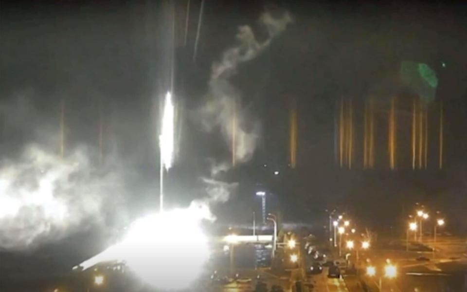 This image made from a video released by Zaporizhzhia nuclear power plant shows bright flaring object landing in grounds of the nuclear plant in Enerhodar, Ukraine Friday, March 4, 2022. Russian forces shelled Europeâ€™s largest nuclear plant early Friday, sparking a fire as they pressed their attack on a crucial energy-producing Ukrainian city and gained ground in their bid to cut off the country from the sea. (Zaporizhzhia nuclear power plant via AP)  - Zaporizhzhia nuclear power plant 