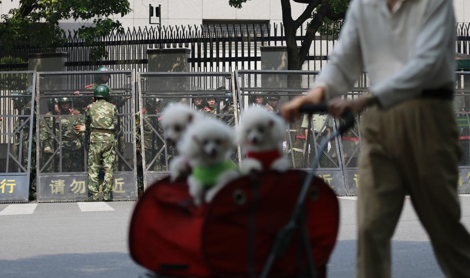 A man strolls with dogs on a baby cart as paramilitary police officers arrange the steel fence in front of the Japanese Consulate General in Shanghai, China, Wednesday Sept. 19, 2012. China was returning to normalcy Wednesday after angry protests over Japan's wartime occupation and Tokyo's recent purchase of islands also claimed by Beijing. (AP Photo/Eugene Hoshiko)