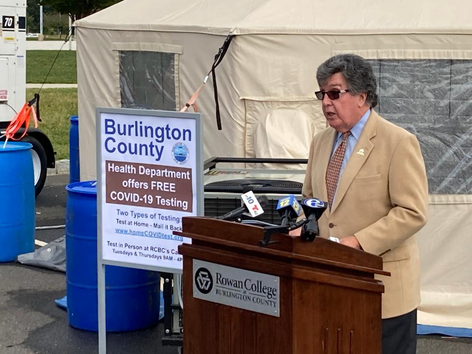 Burlington County Board member Dan O’Connell speaks at a news conference Monday to announce the launch of a new home COVID-19 testing program and a new fixed testing clinic site at Rowan College at Burlington County.