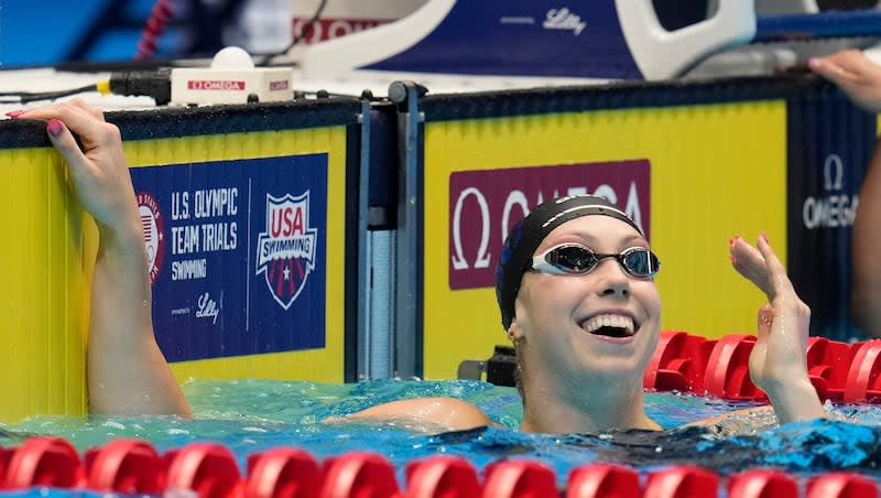 Gretchen Walsh reacts after winning the women's 100m butterfly final, Sunday, June 16, 2024, at the U.S. Olympic Swimming Trials in Indianapolis.