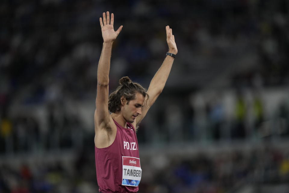 Italy's Gianmarco Tamberi reacts during the men's high jump at the Golden Gala Pietro Mennea IAAF Diamond League athletics meeting in Rome, Thursday, June 9, 2022. (AP Photo/Andrew Medichini)