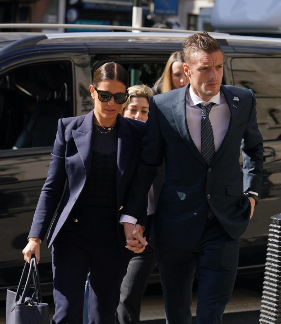 Rebekah and Jamie Vardy arrive at court earlier in the hearing (PA) (PA Wire)