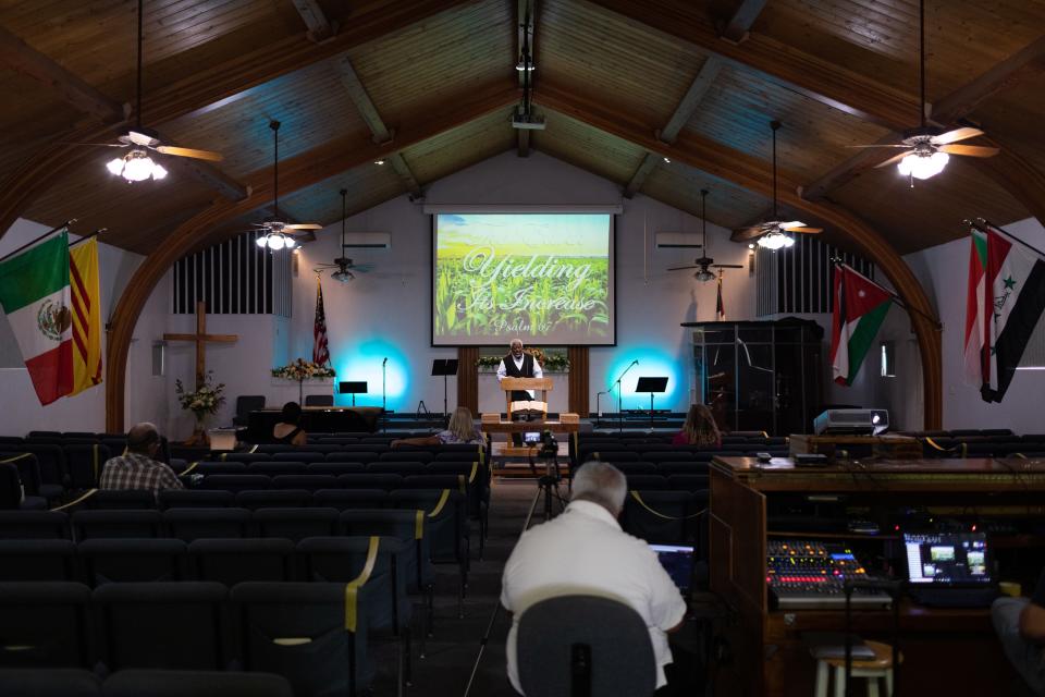 The Rev. Rolland E. Slade gives his 7:30 a.m. sermon on July 19, 2020, at Meridian Baptist Church in El Cajon, Calif., as a live broadcast and in person. Slade preaches two sermons each Sunday whether the congregation can attend or not due to COVID regulations. Slade typically has a few volunteers to help broadcast the sermon and a few others who attend in-person services.