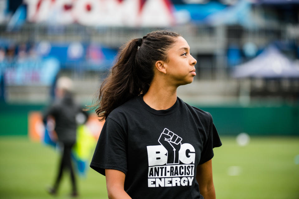 Madison Hammond, then with the OL Reign, before a game between Racing Louisville FC and OL Reign at Cheney Stadium on July 31, 2021 in Tacoma, Washington.