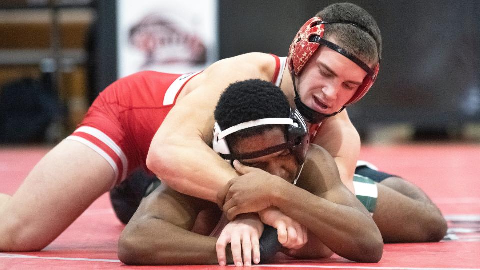 Delsea's Jared Schoppe, top, controls South Plainfield's Adam Bowles during the 175 lb. bout of the state group 3 wrestling semifinal match held at Delsea High School on Friday, February 10, 2023.  Schoppe defeated Bowles, 4-0.