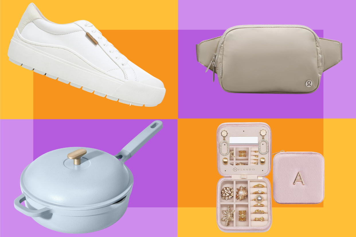 Dr Scholl's white sneaker, Lululemon belt bag, Beautiful Hero Pan, pink jewelry case