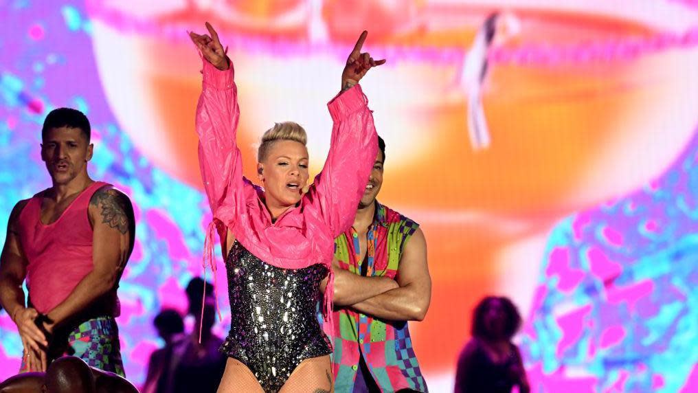 Pink performing in Cardiff