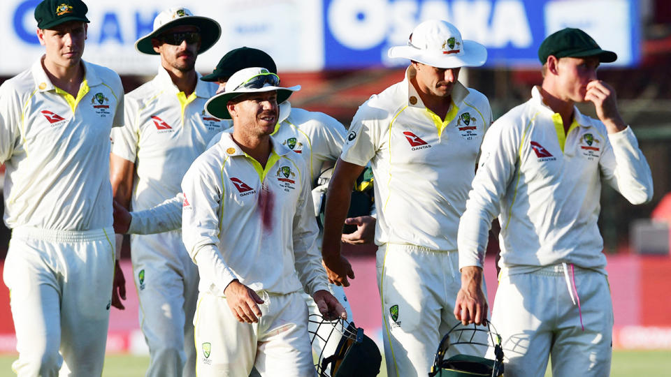 Australian players, pictured here leaving the field after a draw in the second Test against Pakistan.