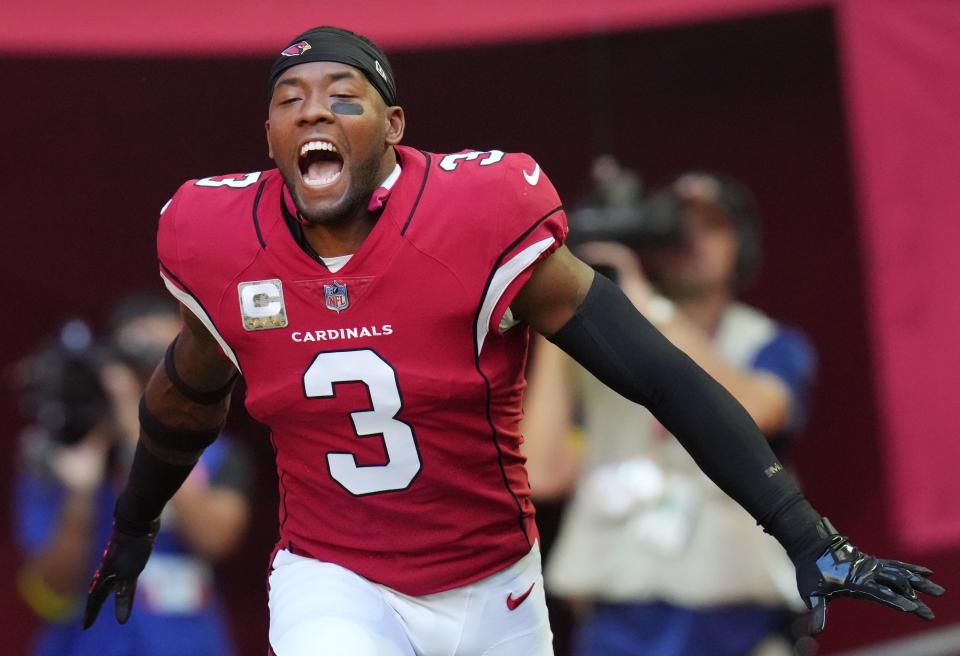 Arizona Cardinals safety Budda Baker (3) takes the field to play the Seattle Seahawks at State Farm Stadium on Nov. 6, 2022.