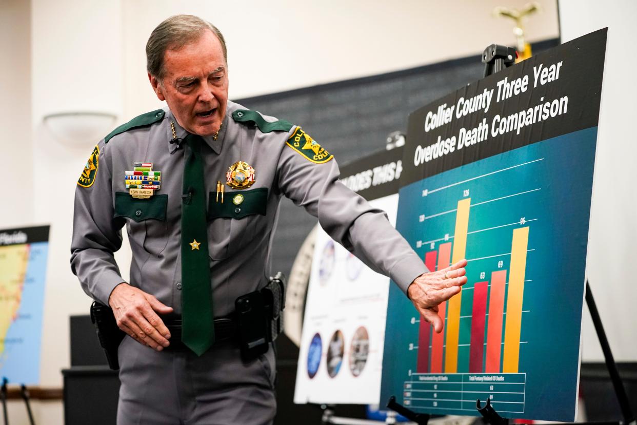 Collier County Sheriff Kevin Rambosk talks about overdoses in the county during a press conference at Canant Professional Development Center in Naples on Wednesday, Sept. 13, 2023.