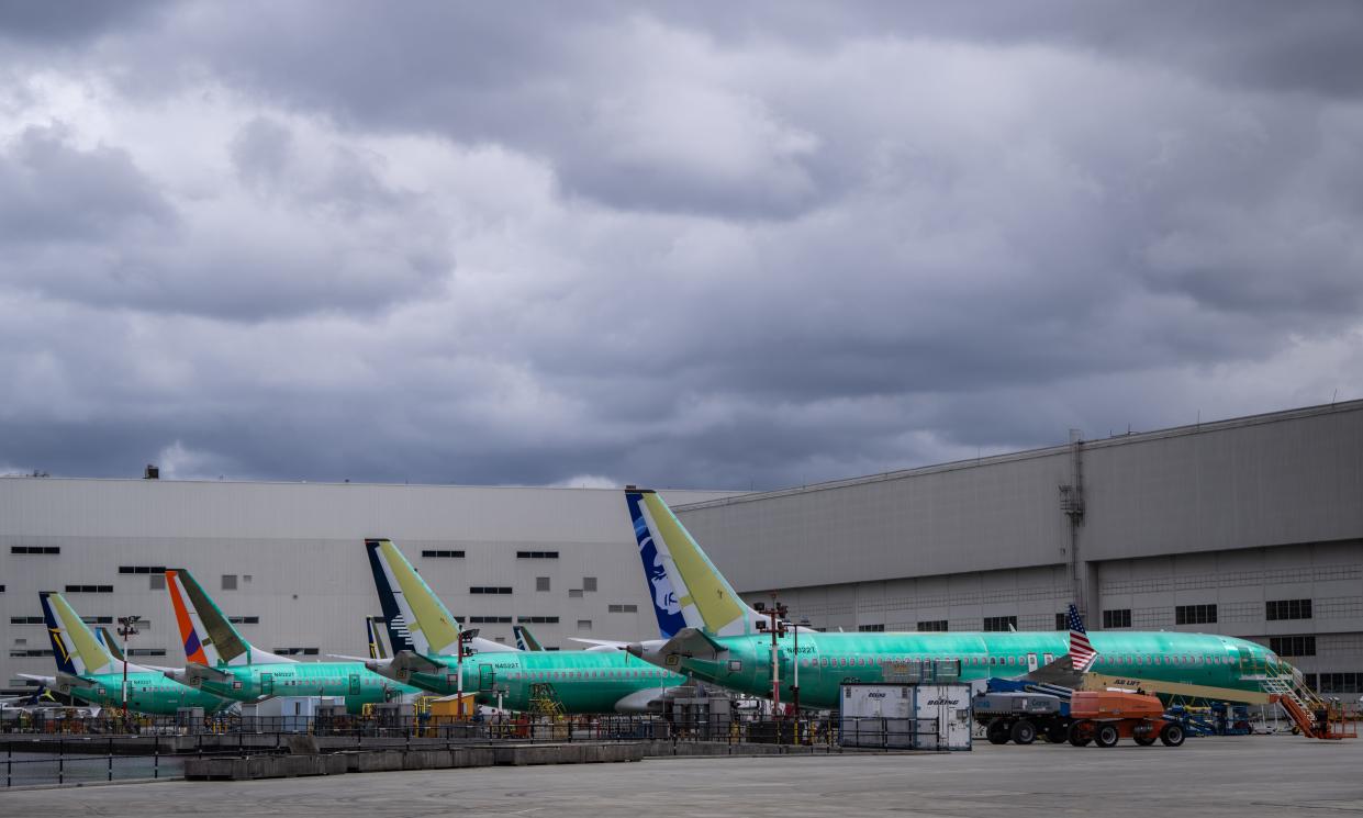 Boeing 737 MAX airplanes are pictured outside a Boeing factory on March 25, 2024 in Renton, Washington.