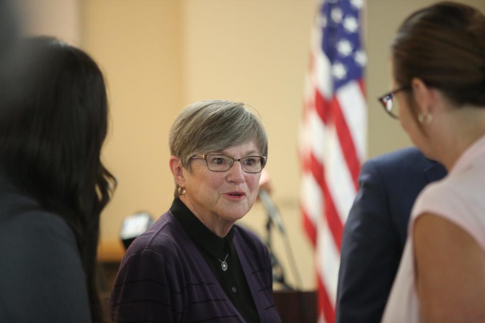 Democratic Gov. Laura Kelly, seen here at an event earlier this month in Holton, is getting involved with her PAC in Democratic primaries for Statehouse races.