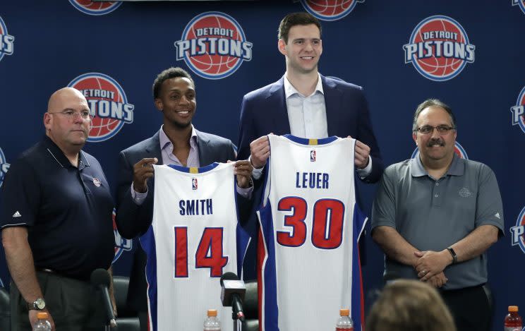 Jeff Bower (left) and Stan Van Gundy (right) got more than they bargained for in Jon Leuer (30) and Ish Smith (14). (AP)