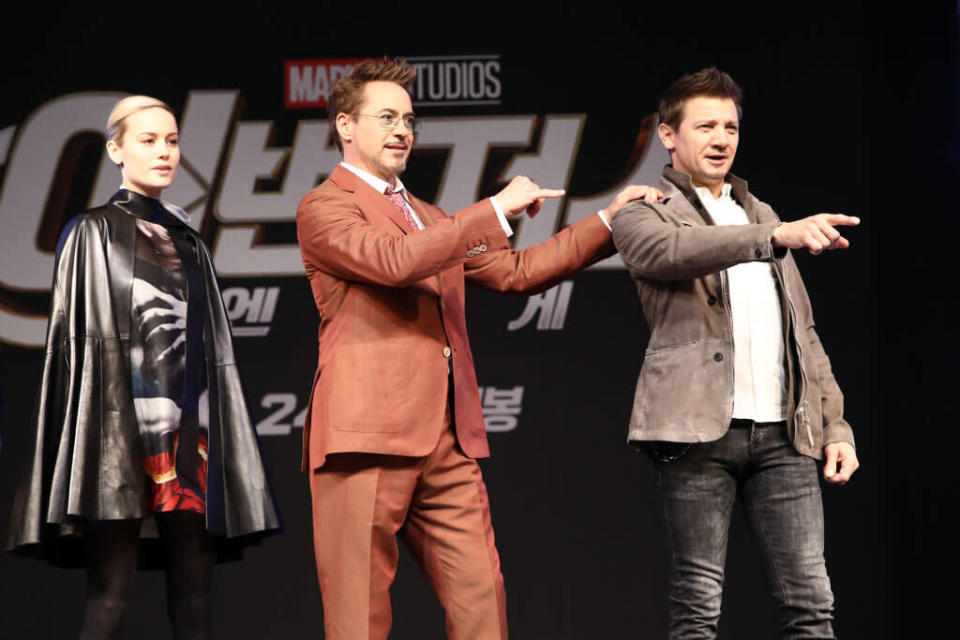 "Avengers: Endgame" stars Brie Larson, Robert Downey Jr. and Jeremy Renner promote the movie on April 15, 2019, in Seoul. (Photo: Chung Sung-Jun/Getty Images for Disney)