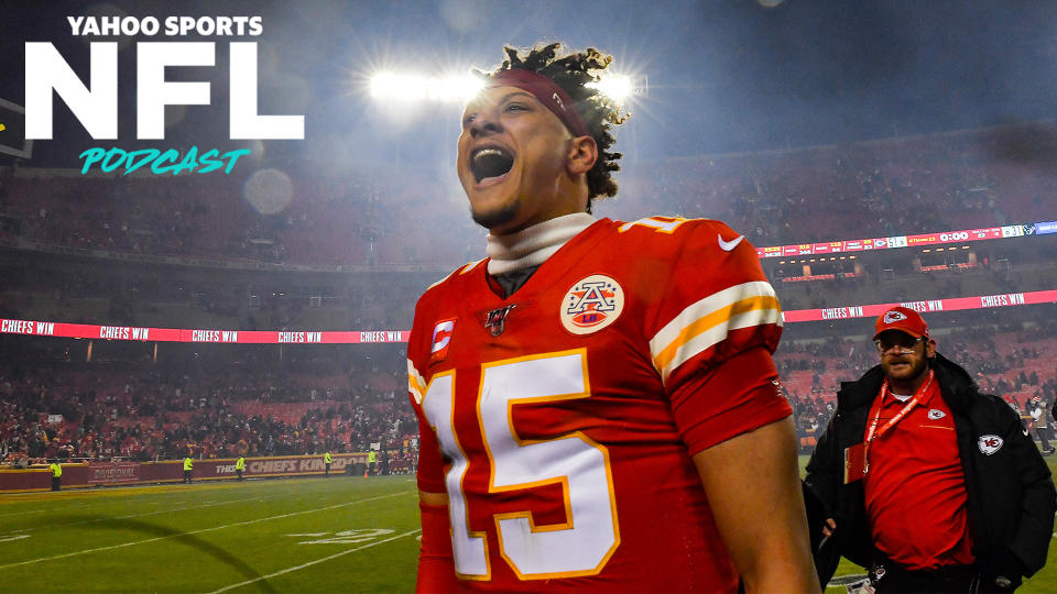 Kansas City Chiefs QB Patrick Mahomes celebrates after a white-knuckle victory over the Houston Texans on Sunday. (Rich Sugg/Kansas City Star/Tribune News Service via Getty Images)