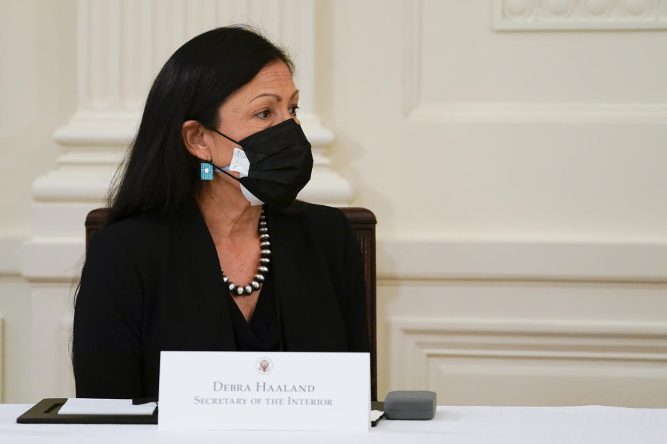 Secretary of the Interior Secretary Deb Haaland attends a Cabinet meeting with President Joe Biden in the East Room of the White House, Thursday, April 1, 2021, in Washington. (AP Photo/Evan Vucci)