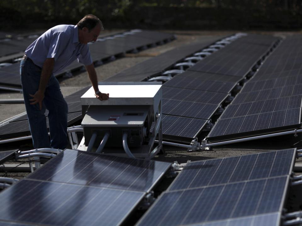 Tela solar panels on top of a hospital roof in San Juan, Puerto Rico.