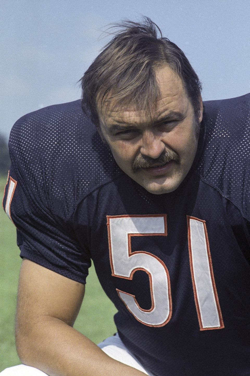 FILE - Chicago Bears linebacker Dick Butkus poses for a photo in 1973. Butkus, a fearsome middle linebacker for the Bears, has died, the team announced Thursday, Oct. 5, 2023. He was 80. According to a statement released by the team, Butkus' family confirmed that he died in his sleep overnight at his home in Malibu, Calif. (AP Photo, File)