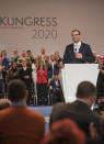 Robert Abela, who will be sworn in as Prime Minister of Malta Monday, addresses a large crowds of supporters inside a volleyball court in Kordin, Malta, Sunday, Jan. 12, 2020. A first-term lawmaker whose father was Malta's president, Abela has been chosen to be the country's prime minister, replacing Joseph Muscat after weeks of protests demanding accountability in the investigation of the car bomb slaying of an anti-corruption journalist who targeted his government. (AP Photo/Rene' Rossignaud)