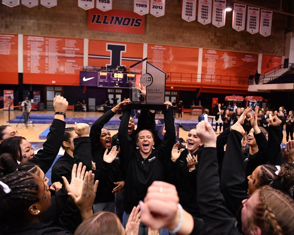 MSU celebrates its Big Ten regular season championship after beating Illinois on Feb. 27.