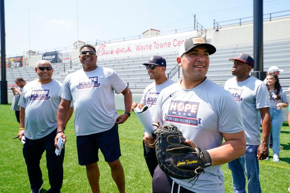 New York Yankees catcher Jose Trevino walks onto the field at Hinchliffe Stadium for the skills clinic in celebration of "Hope week" on Wednesday, July 5, 2023, in Paterson.