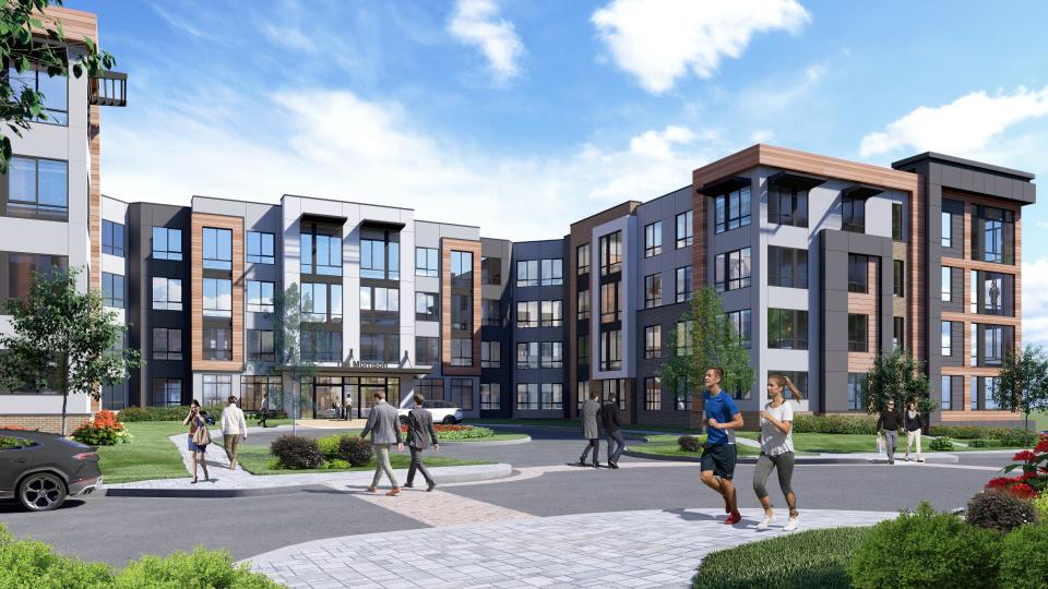 Renderings of 325 new rental units under construction and replacing two demolished office buildings in PArsippany