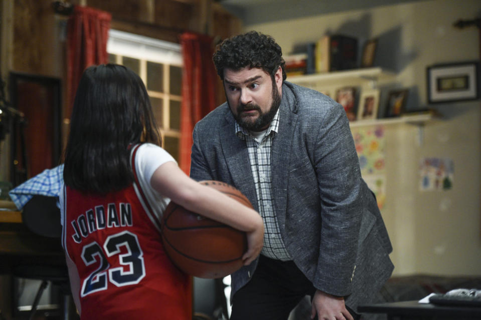 Skylar Gray as Young Abby and Bobby Moynihan as Mid-Life Alex in ‘Me, Myself & I’ (Photo: Ron P. Jaffe/CBS)