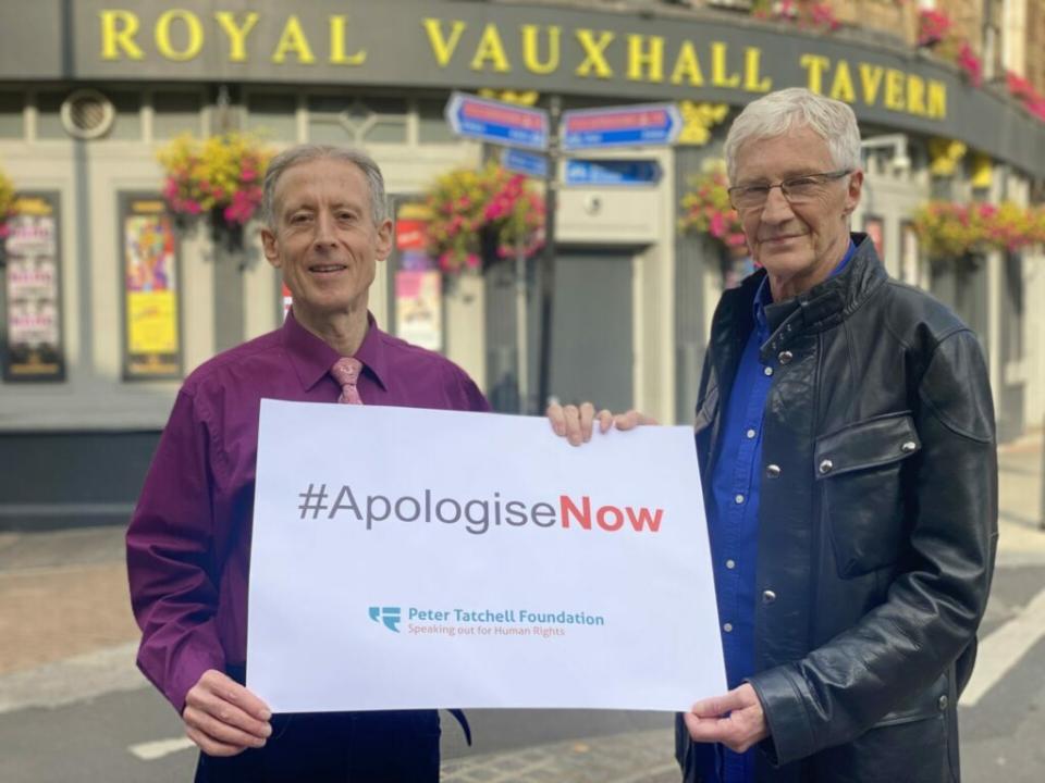 Paul O’Grady with Peter Tatchell, supporting the LGBTQ+ campaigner’s #ApologiseNow campaign (Image: Peter Tatchell Foundation)