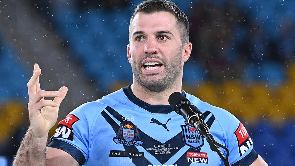 James Tedesco, pictured here during the trophy presentation after State of Origin Game III.