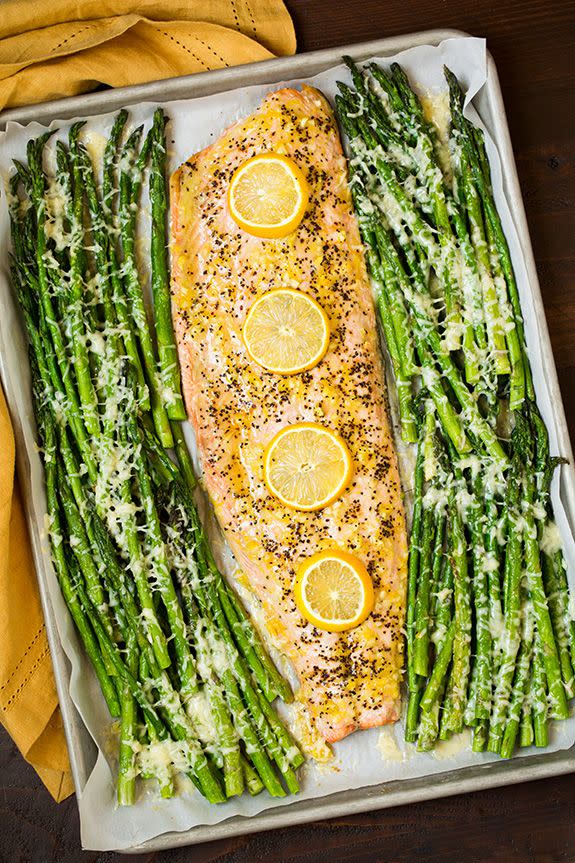 One Pan Roasted Lemon Pepper Salmon and Garlic Parmesan Asparagus