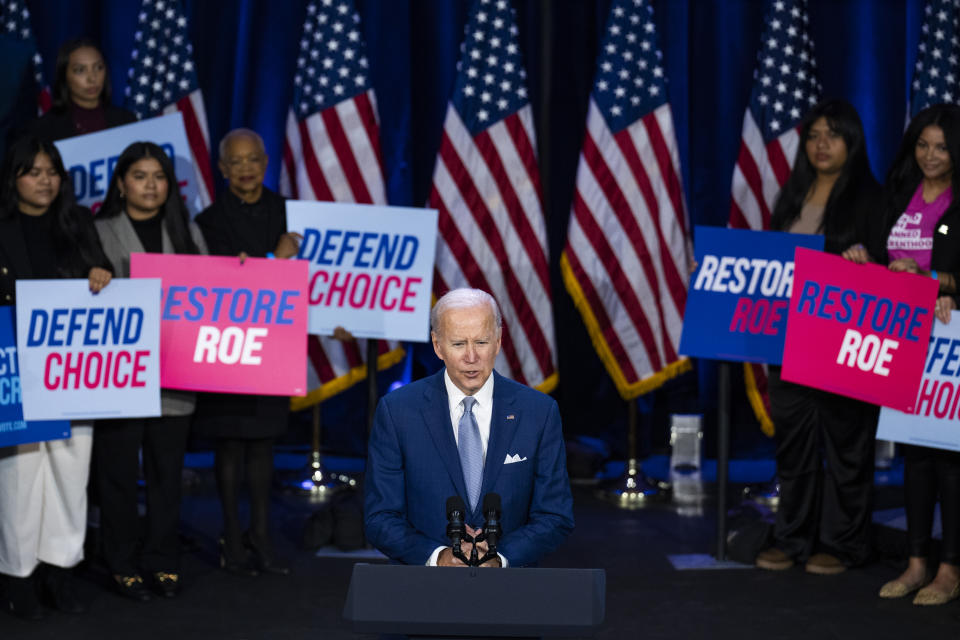 President Biden speaks about the importance of electing Democrats who want to restore abortion rights, during an event hosted by the Democratic National Committee in Washington, D.C., on Oct. 18. 