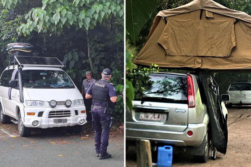 Police looking over a van during an illegal camping crackdown (left) and a 4WD on the side of the road with a tent erected above (right). 