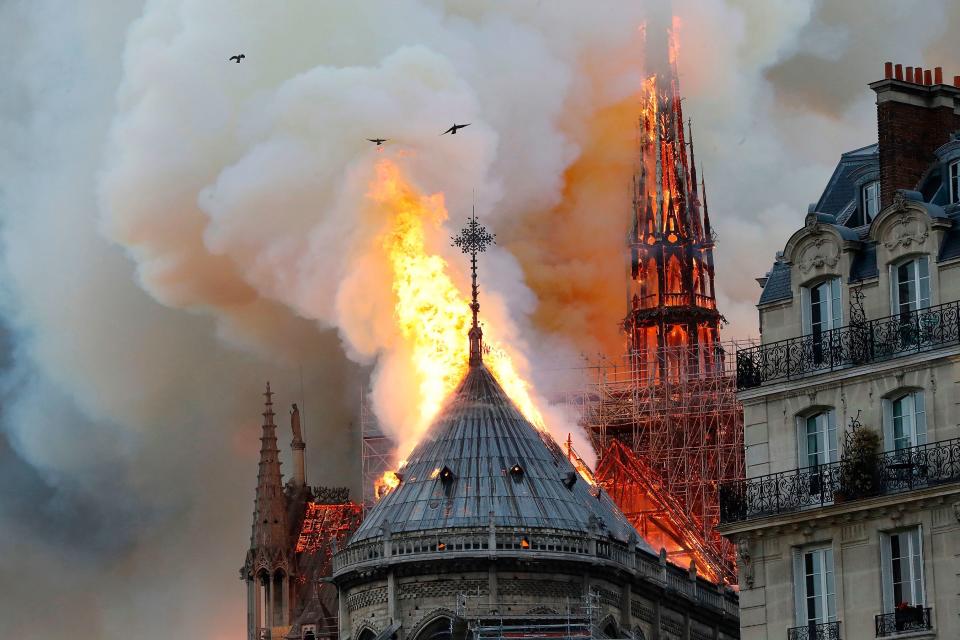 “Our Lady of Paris in flames. Emotion of a whole nation. Thoughts for all Catholics and for all French. Like all our countrymen, I’m sad tonight to see this part of us burn,” French President Emmanuel Macron wrote in a tweet translated from French. He canceled a speech that he was scheduled to deliver Monday night to go to the site.