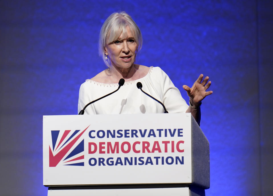 Nadine Dorries gives a speech during the Conservative Democratic Organisation conference at Bournemouth International Centre. Picture date: Saturday May 13, 2023. (Photo by Andrew Matthews/PA Images via Getty Images)