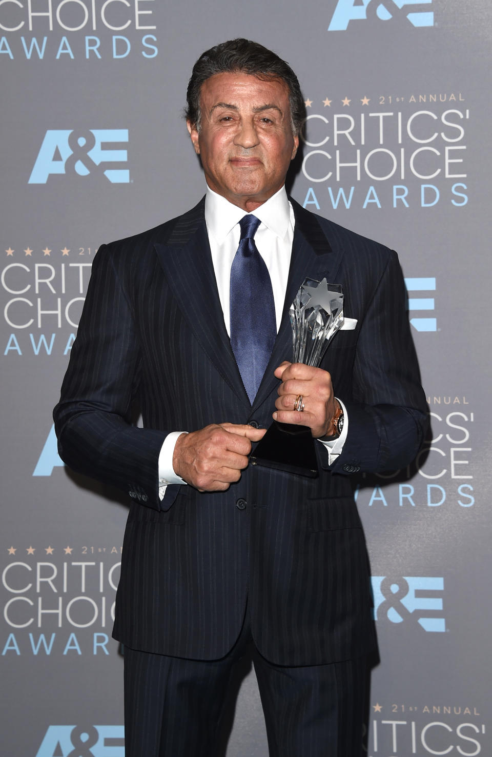 SANTA MONICA, CA - JANUARY 17: Actor Sylvester Stallone, winner of Best Supporting Actor for 'Creed', poses in the press room during the 21st Annual Critics' Choice Awards at Barker Hangar on January 17, 2016 in Santa Monica, California. (Photo by Jason Merritt/Getty Images)