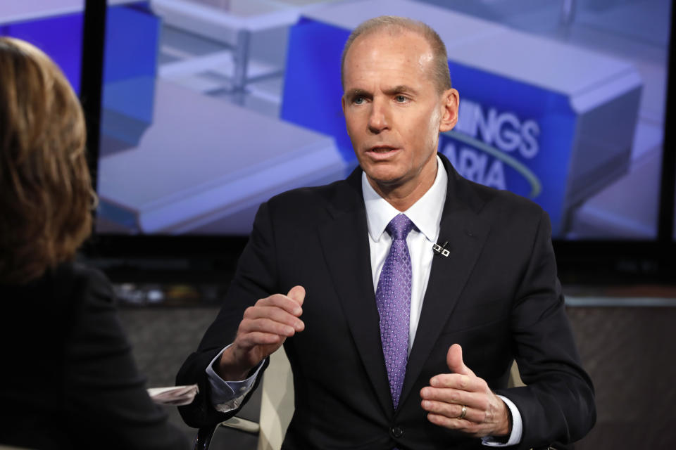 Boeing CEO Dennis Muilenburg is interviewed by Maria Bartiromo during her "Mornings with Maria Bartiromo" program on the Fox Business Network, in New York, Tuesday, Nov. 13, 2018. (AP Photo/Richard Drew)