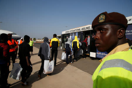 Gambian migrants deported from Libya arrive at the airport in Banjul, Gambia April 4, 2017. REUTERS/Luc Gnago